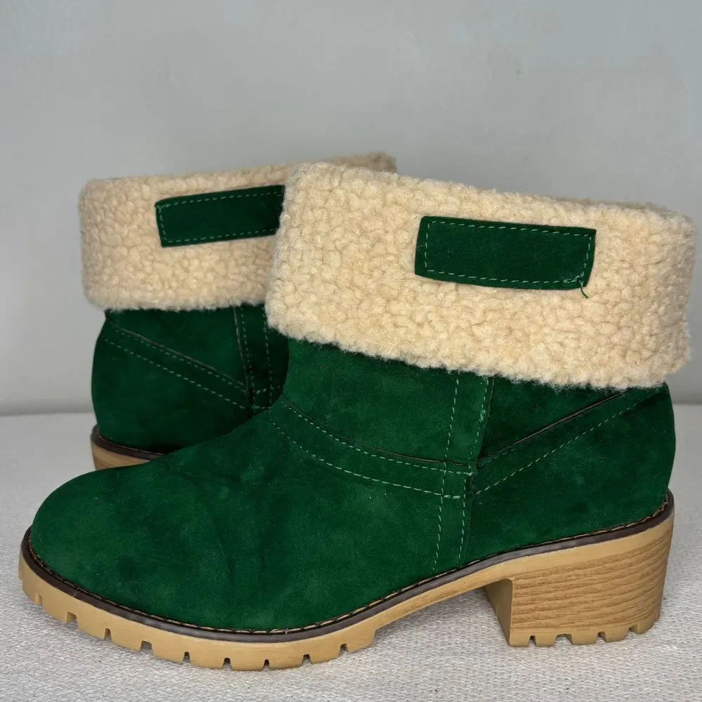 Green Ankle Boots Christmas Holiday Fuzzy Sherpa Heel Sz 9.5 Women's Winter Boot